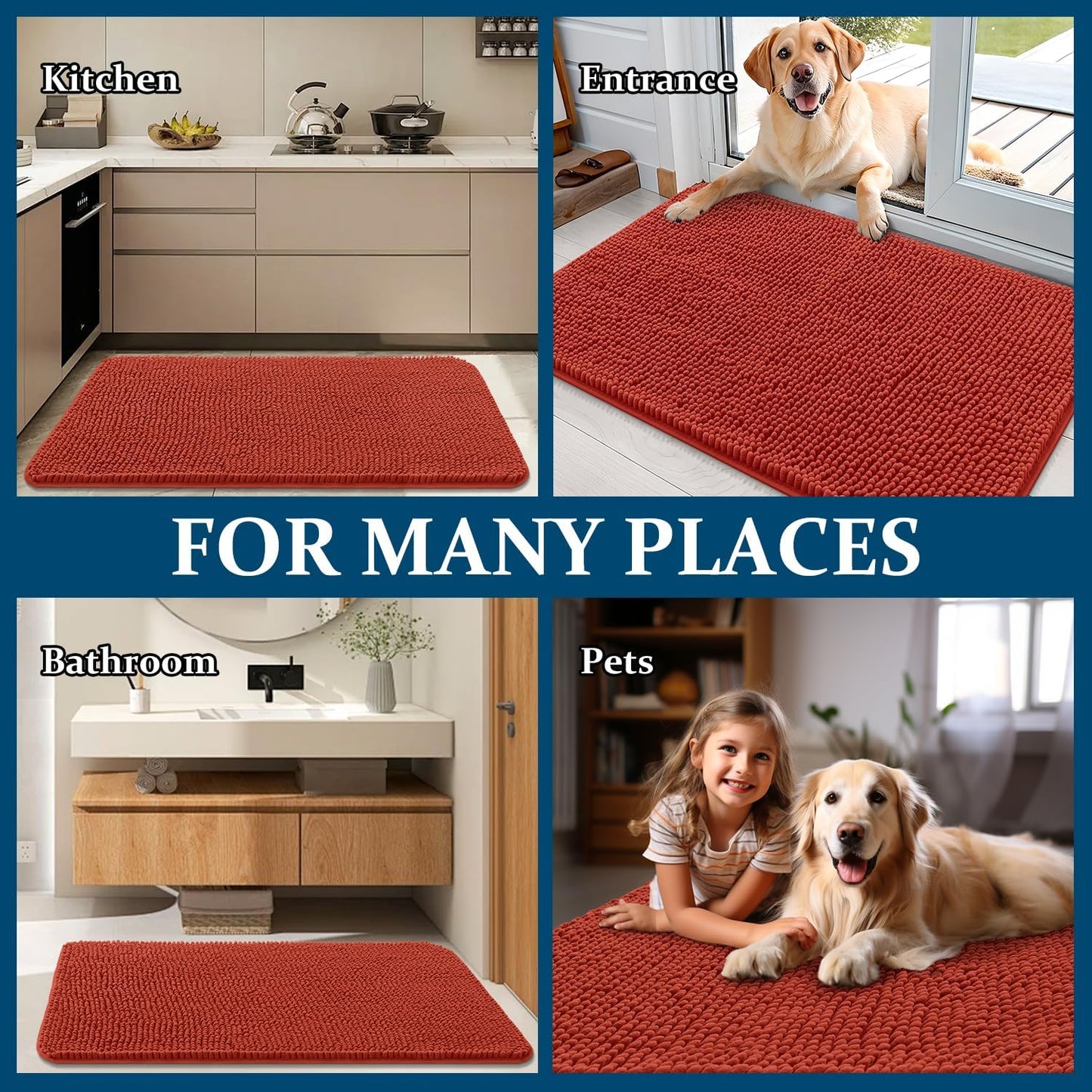 OLANLY Dog Door Mat - Absorbent Non-Slip Chenille Mat for Muddy Paws | 59x32, Quick Dry, Maple Red