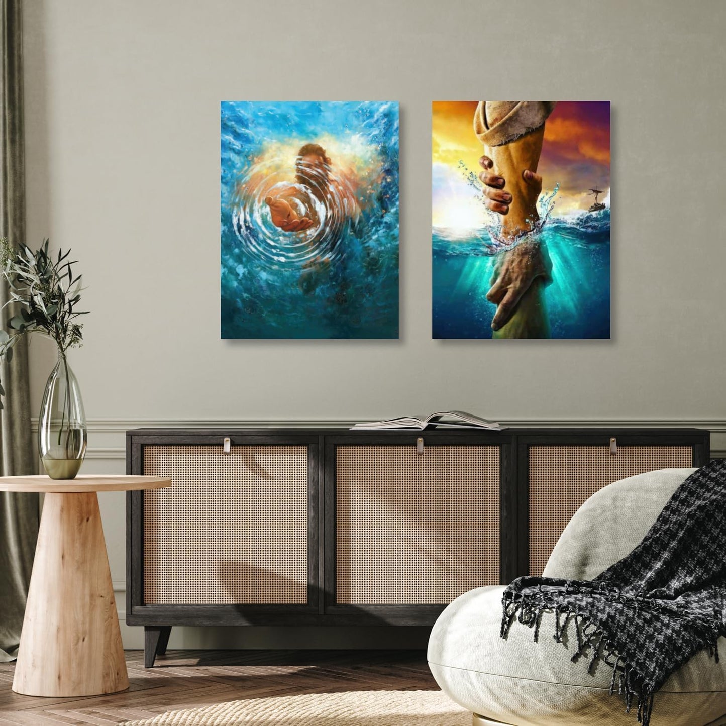 2 Pcs Framed Jesus Wall Art, The Hand of God Jesus Reaching Into Water Poster Prints, Christian Christmas Gifts, Bible Blue Ocean Wrapped Canvas Painting for Church Prayer Room Hospitals 16"x24"