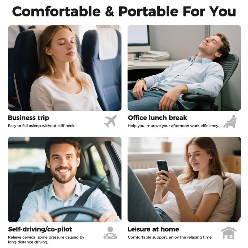 HiztoBlo Neck Pillow for Traveling, Travel Pillows for Airplanes 2025 New 100% Pure Memory Foam, Neck Pillow Airplane with 360º Ergonomic Design, Travel Neck Pillows for Airplanes, Office and Car