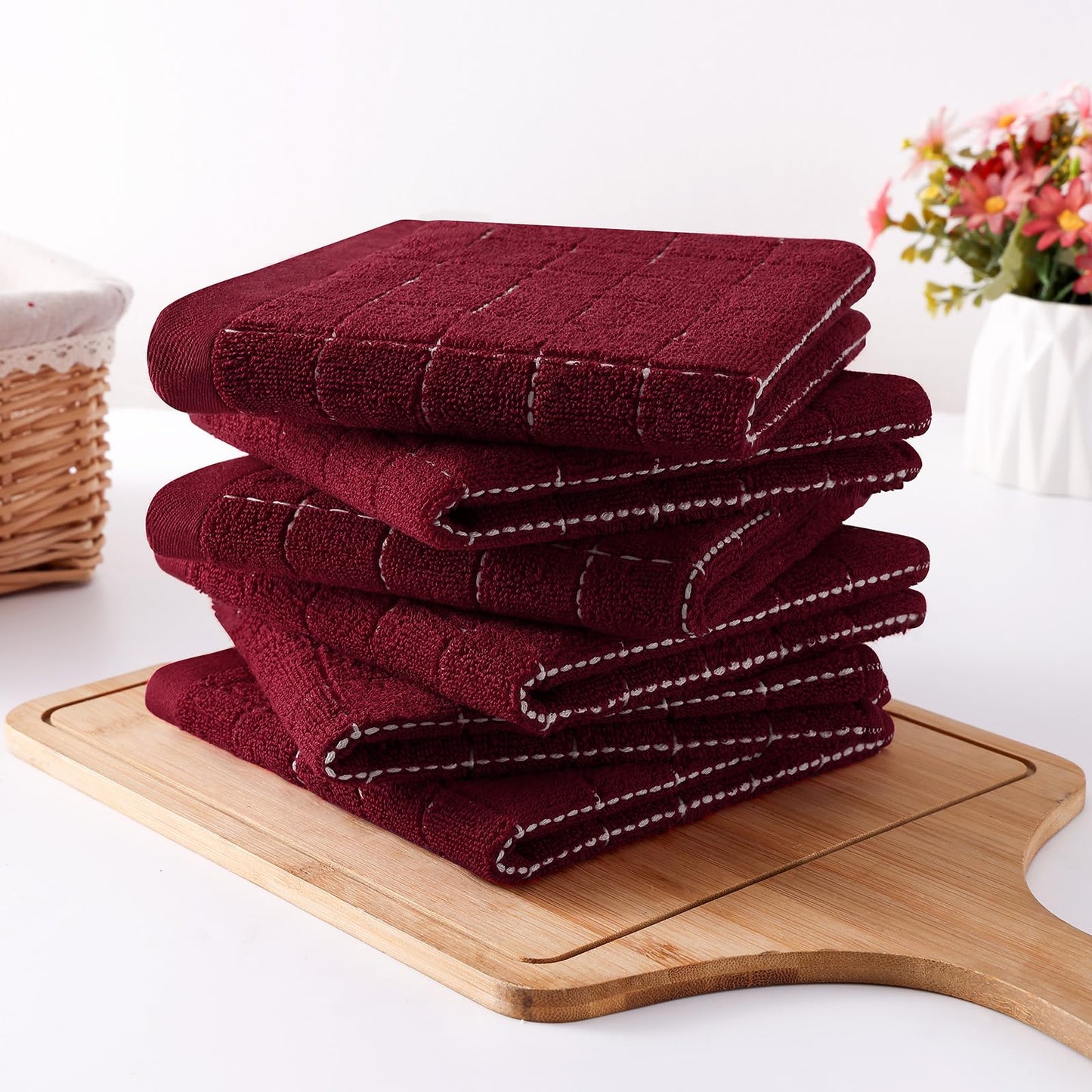 Homaxy 100% Cotton Terry Kitchen Dish Cloths, Ultra Soft and Absorbent Dish Towels for Kitchen, Suitable for Drying and Washing Dishes, 6 Pack, 12 x 12 Inches, Burgundy Red