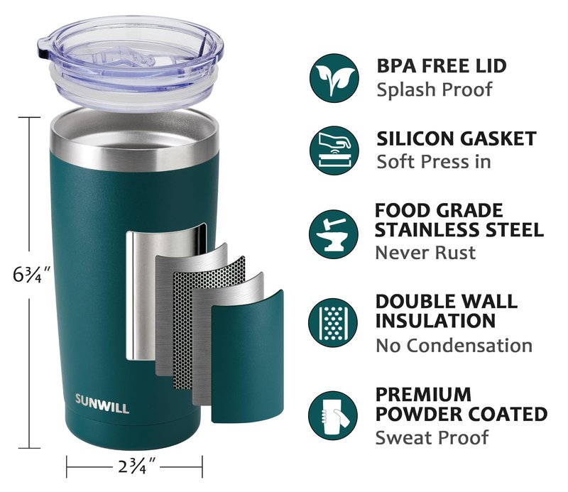 SUNWILL Travel Coffee Tumbler 20 oz, Insulated Mug with Lid, Stainless Steel Cup for Outdoor, Powder Coated Dark Green