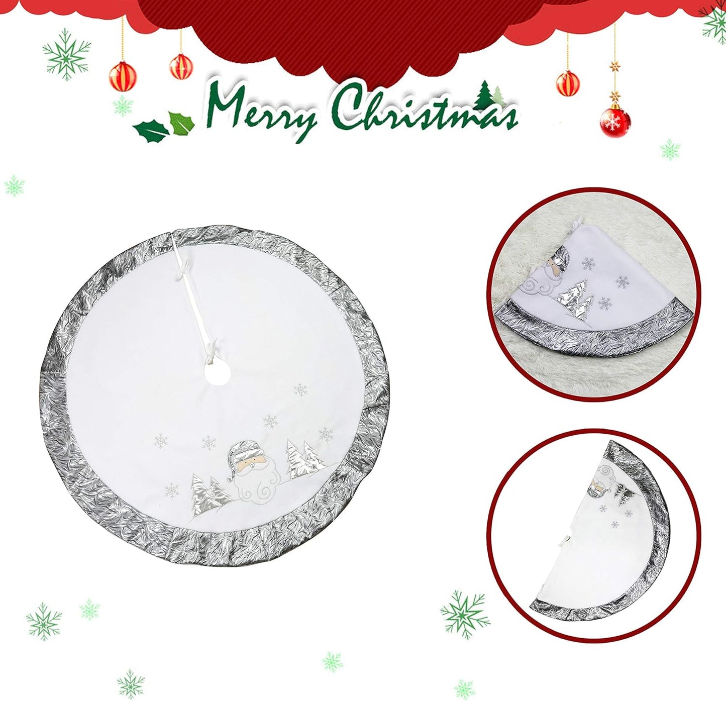 Luxury 36'' Snowman Christmas Tree Skirt - Silvery White Embroidered Snowflake with Satin Border