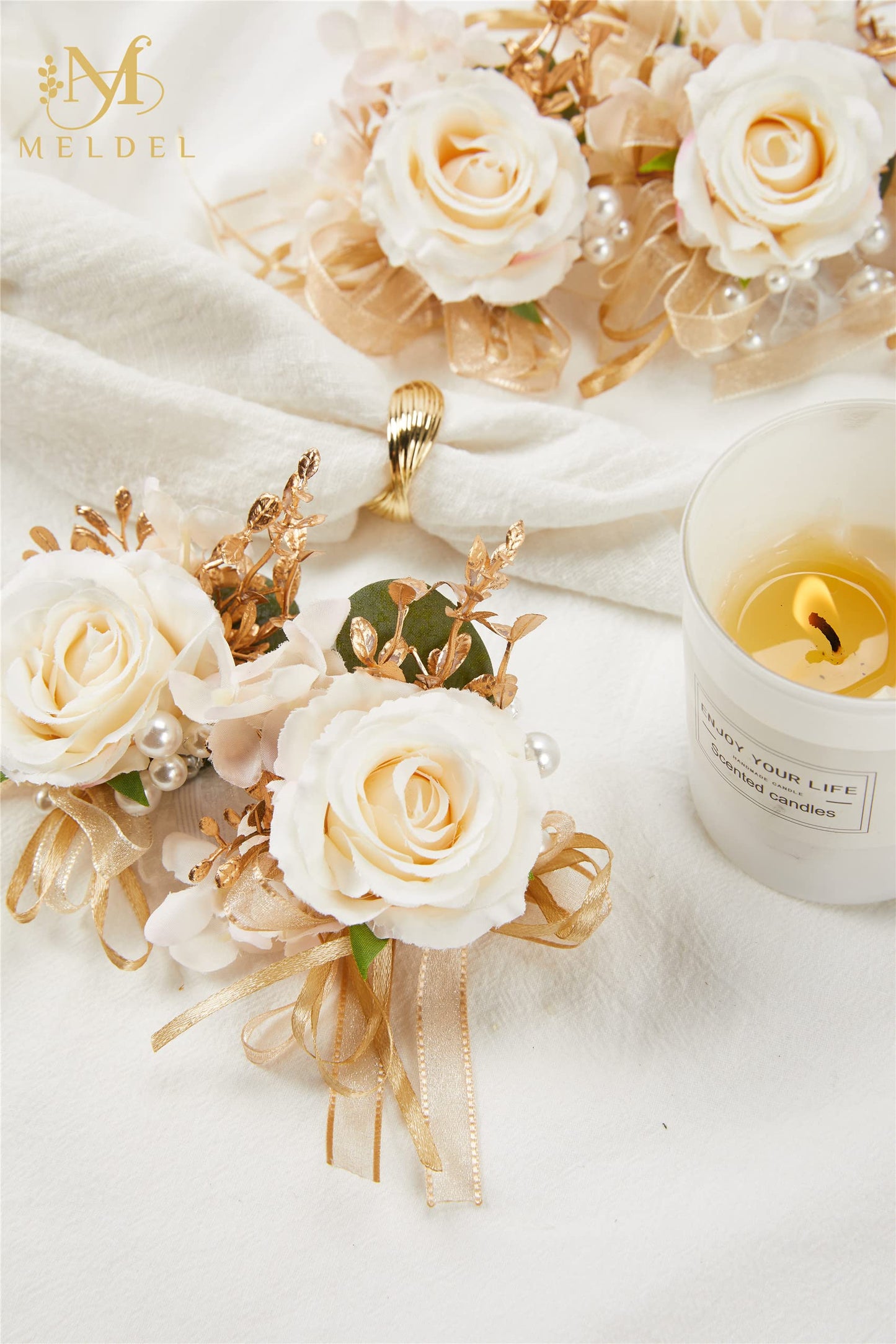 Meldel Rose Wrist Corsage for Girls Women Bride Bridesmaid, Set of 6, Champagne Hand Flower Wedding Artificial Flowers Accessories for Prom Party