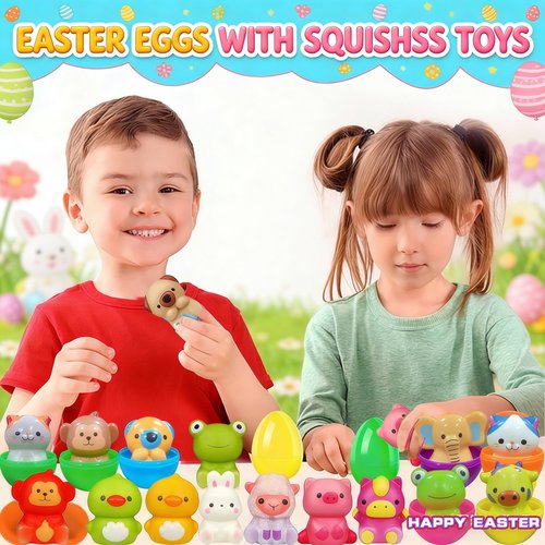 24 Pack Filled Easter Eggs for Kids Prefilled Egg Fillers Squishy Toys Stuffed Easter Eggs Easters Gifts Basket Stuffers for Kids Girls Toddlers Boys Non Candy Easters Egg Hunt Party Favors Animals