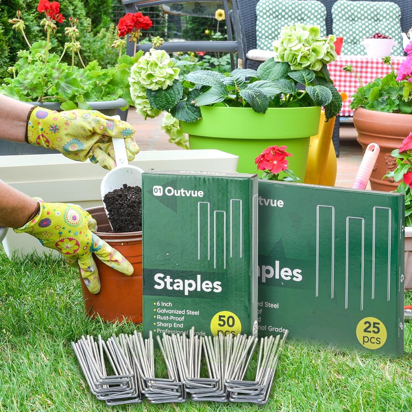 Outvue 6 Inch Landscape Staples - 50 Pack Hot-Dip Galvanized Plant Stakes for Weed Barrier Fabric