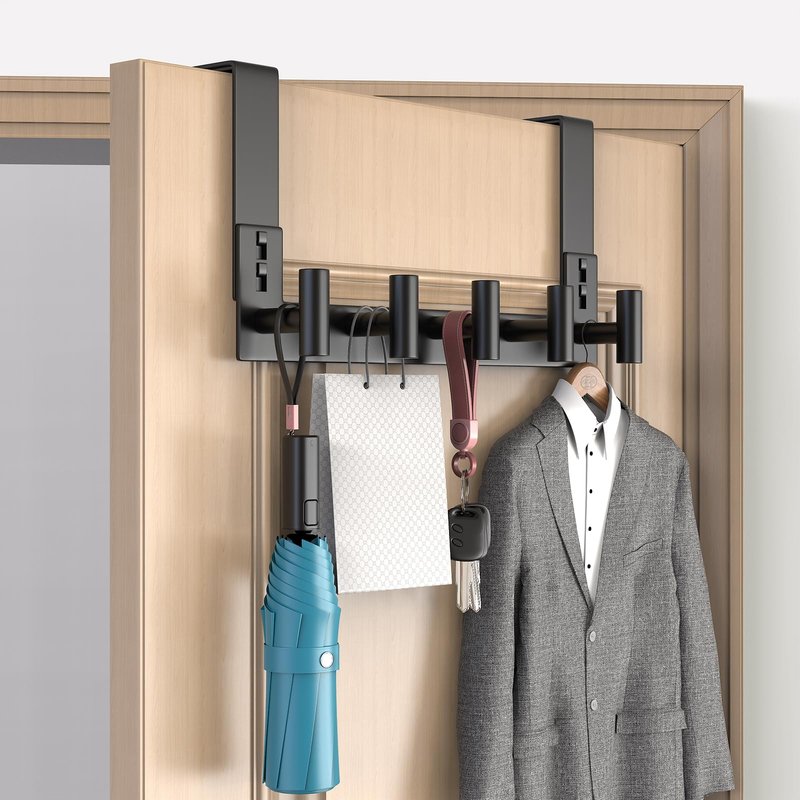 PMMASTO Over The Door Hooks, Door Hanger Hook for Hanging, Coat Rack Organizer for Bathroom, Towel Holder Bathroom Accessories (Black 5 T-Hooks-Fits 1-3/4" Thick Door)