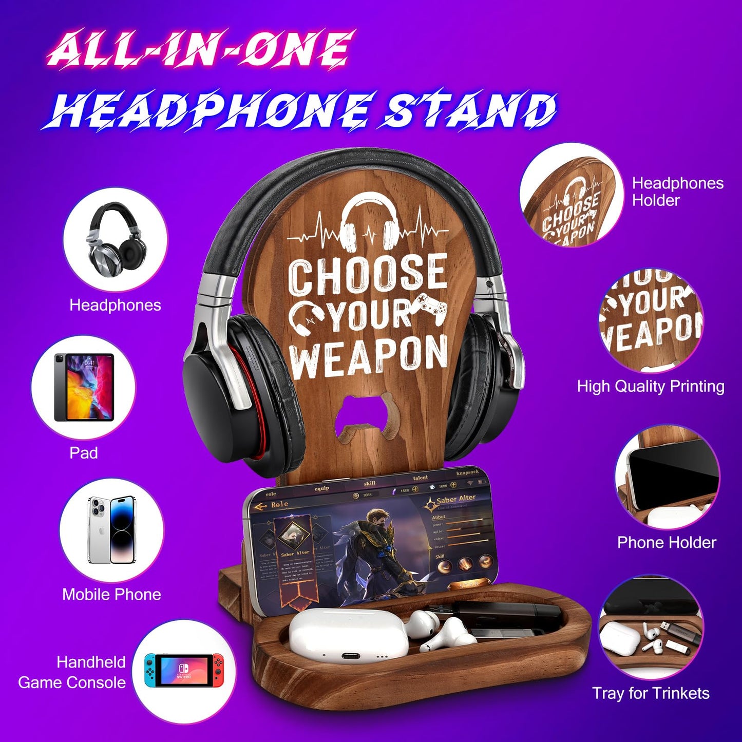Gamer Gifts for Teenage Boys, Gaming Christmas Birthday Gifts for Men Son Boyfriend Husband Game Lover, Gamer Room Decor for Man, Wood Headset Stand for Gaming Desk Decor -Choose Your Weapon