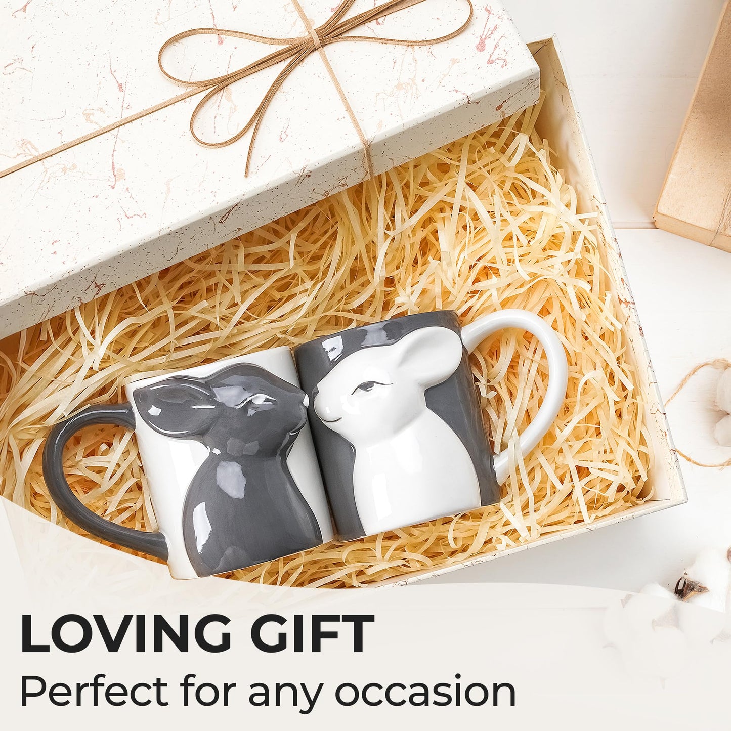 MIAMIO - Kissing Rabbit Mug Set of 2/13.5 oz Coffee Mug for Couples/Ceramic Coffee Cup Set/Gifts for Women/Men for Birthday, Easter or Christmas - Microwave- and Dishwasher Safe