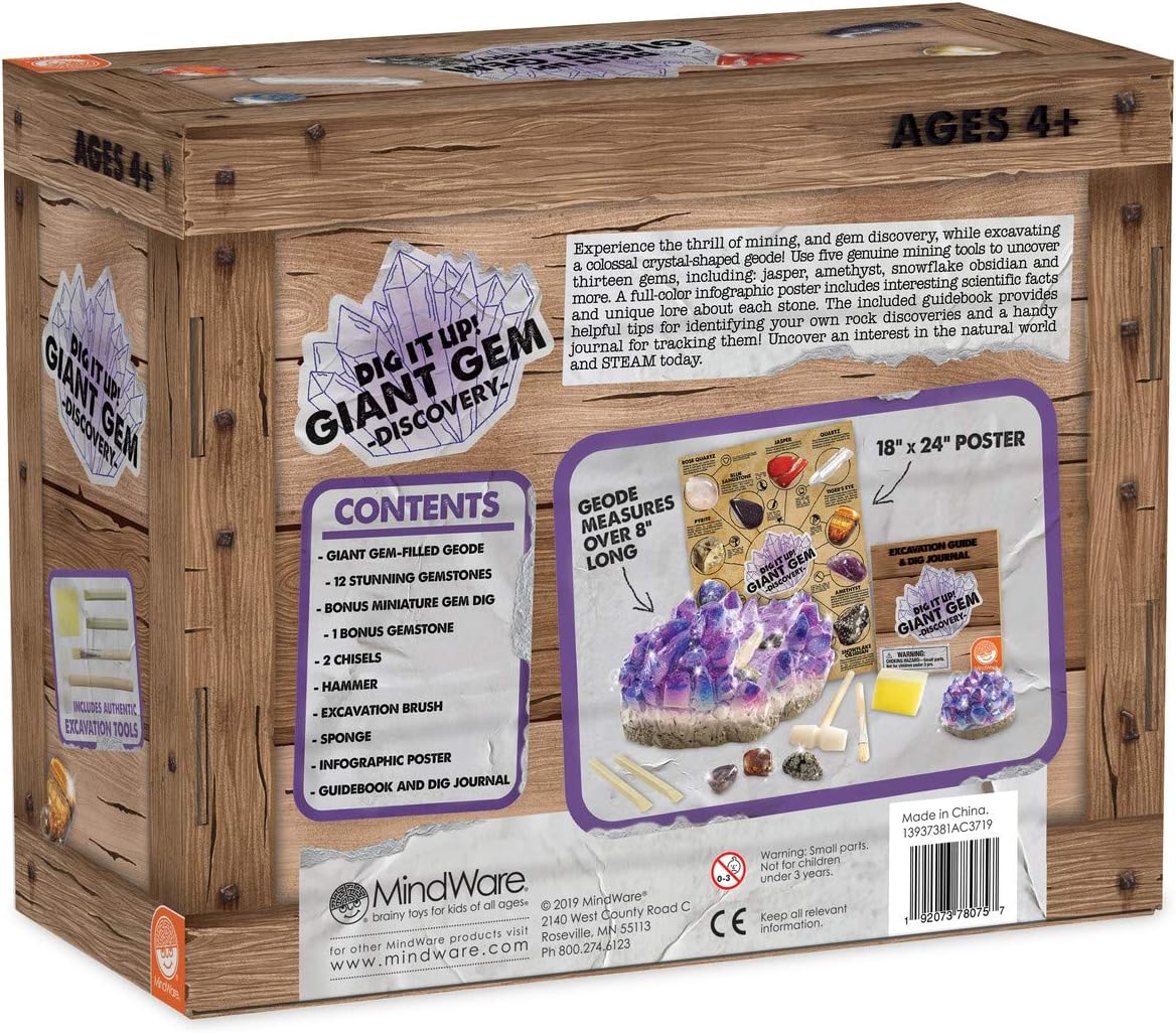 MindWare Dig It Up Giant Gem Discovery Kit - Engaging Geology Experience for Kids | 12 Real Polished Gemstones, Tools & Poster - Ages 4+