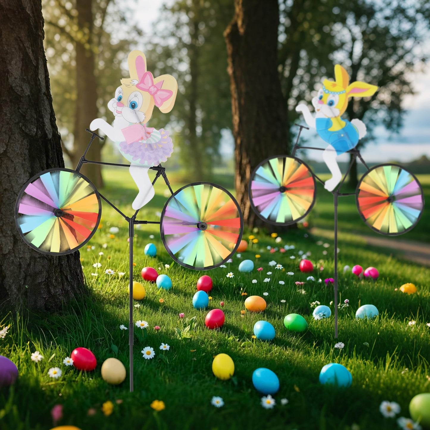 winemana Easter Decorations Outdoor- 2 Pcs Easter Pinwheels Decor for Yard, 36.5" Windmills Bunny Garden Stakes & Wind Spinner for Kids
