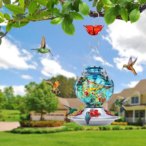 BOLITE Hummingbird Feeder - Hand Blown Glass Design with 5 Bee-Proof Ports | 22oz Blue Peony Gift