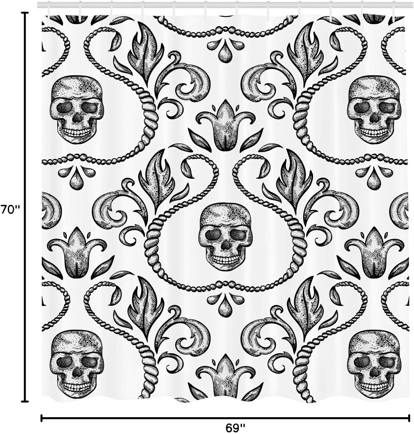 Gothic Skull Shower Curtain - Baroque Floral Design, 69" x 70", Bathroom Decor Set