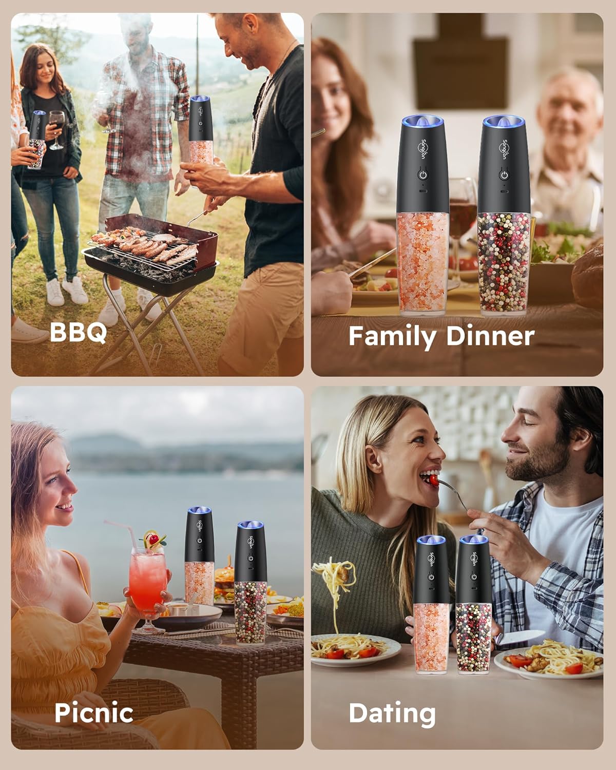 Sangcon Gravity Electric Salt and Pepper Grinder Set - Upgraded Rechargeable 9oz XL Capacity | USB-C, LED Light, One-Hand Operation