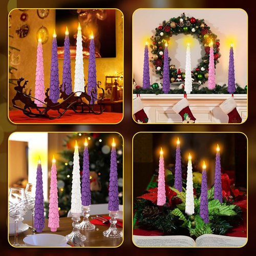 Baquler Flameless Advent Candles Set - 5 Pcs 10-Inch LED Taper Candles with Remote Timer | Purple, Pink, White