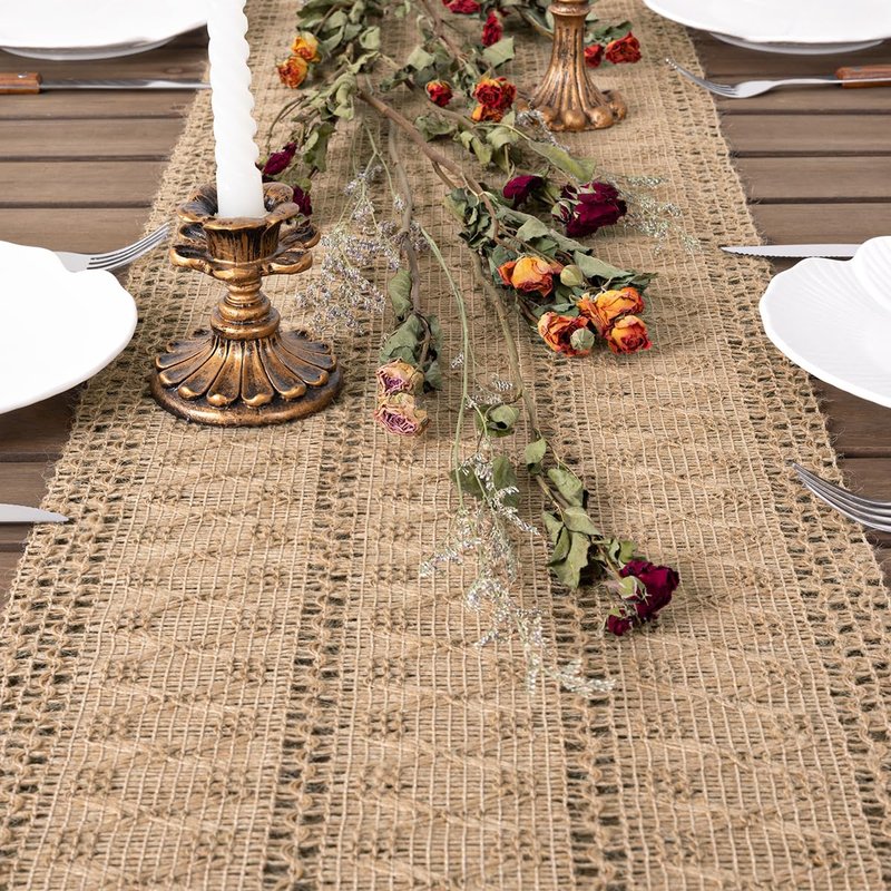 Socomi Boho Table Runner Easter Spring Farmhouse Burlap Jute Bamboo Rustic Dining Kitchen Centerpiece Decor Small Macrame Woven Coffee Table Runner for Dresser Scarf Home Decor 12x48 inch