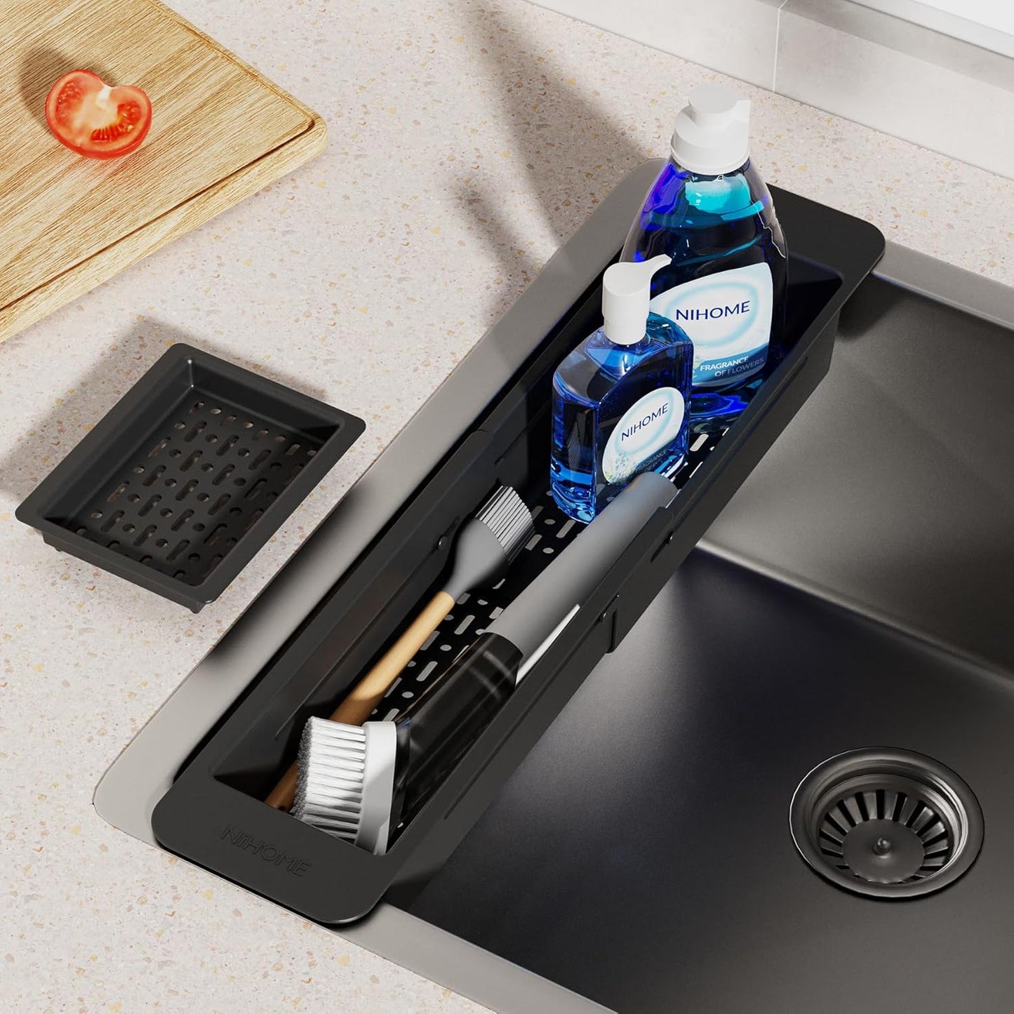 NiHome Extendable Over Sink Kitchen Organizer - Adjustable Sponge & Brush Rack with Non-Slip Pads (Black)