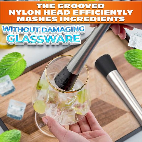 2 Pcs Bar Muddler for Cocktails - 8" Stainless Steel Muddler for Lemonade with Glass-Safe Grooved Nylon Head, Dishwasher Safe - Lemonade Stand Supplies for Mojitos, Citrus, Mint, Herb & Fruit Mixing