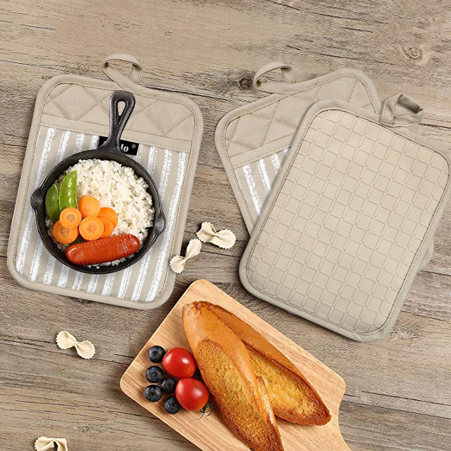 Alselo Silicone Pot Holders Set of 3 Heat Resistant & Non Slip Potholders, Professional Oven Hot Pads with Pockets Mitts for Kitchen Cooking Baking Barbecue (Khaki, 3)