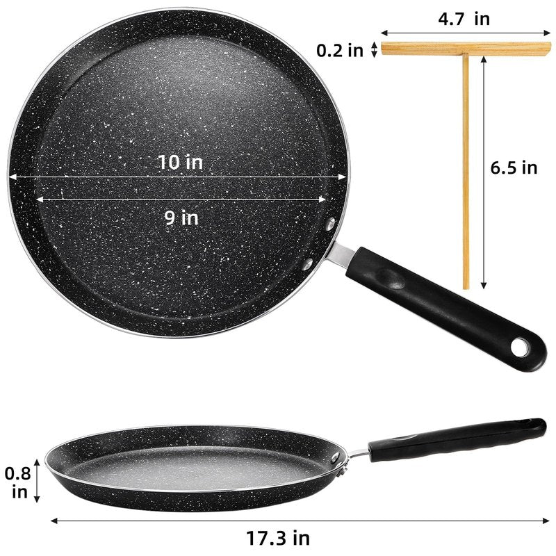 WRINGKIT 10 Inch Nonstick Crepe Pan with Spreader, Flat Skillet Tortilla Pan with Granite Coating, Round Griddle Pancake Pan with Stay-Cool Handle, Induction Compatible, PFOA Free