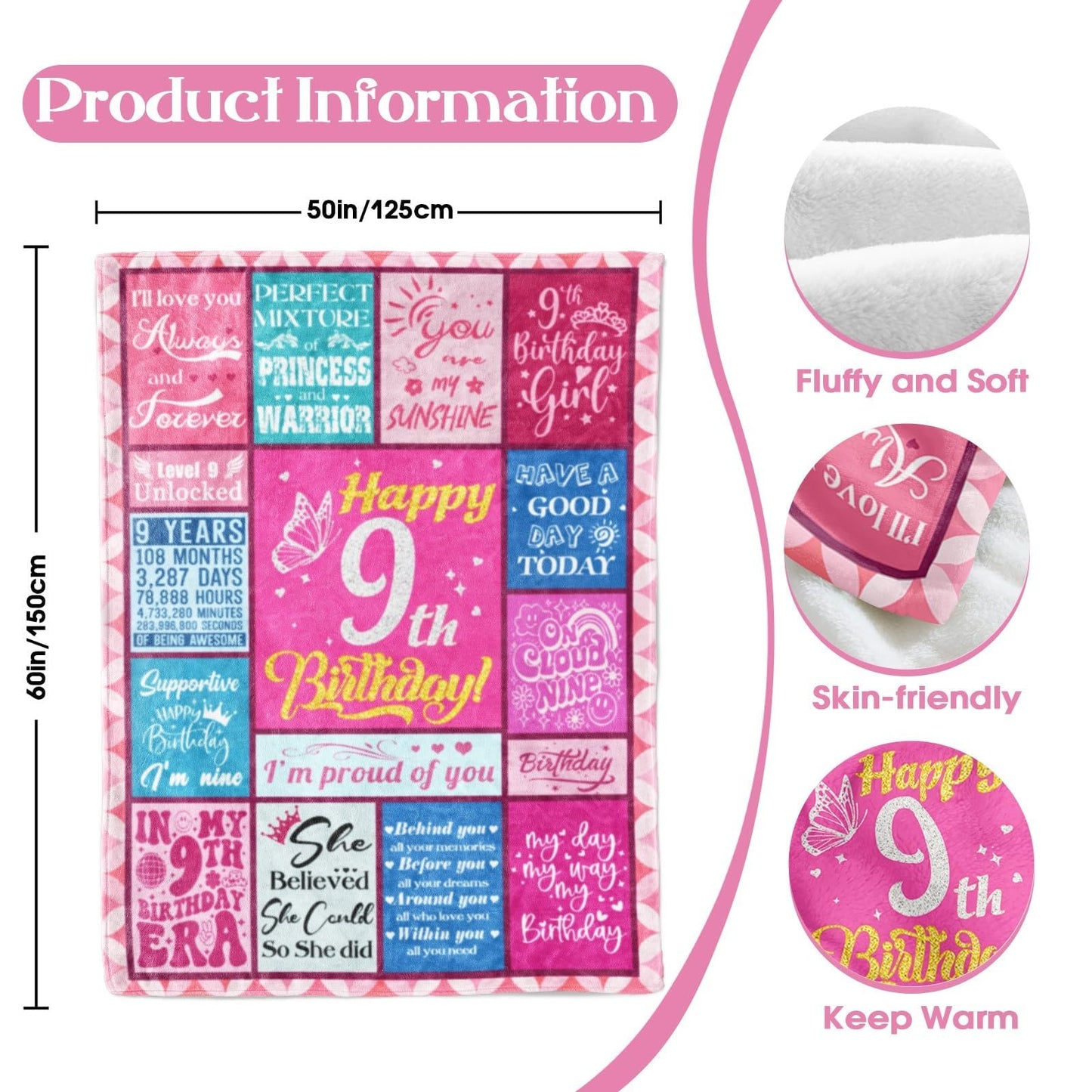 Lavua 9 Year Old Girl Birthday Gifts - Birthday Gift for 9 Years Old Girl - 9th Birthday Decorations for Girls Daughter Granddaughter Niece - 9-Year-Old Girls Gift - 9th Blanket 50"X60"