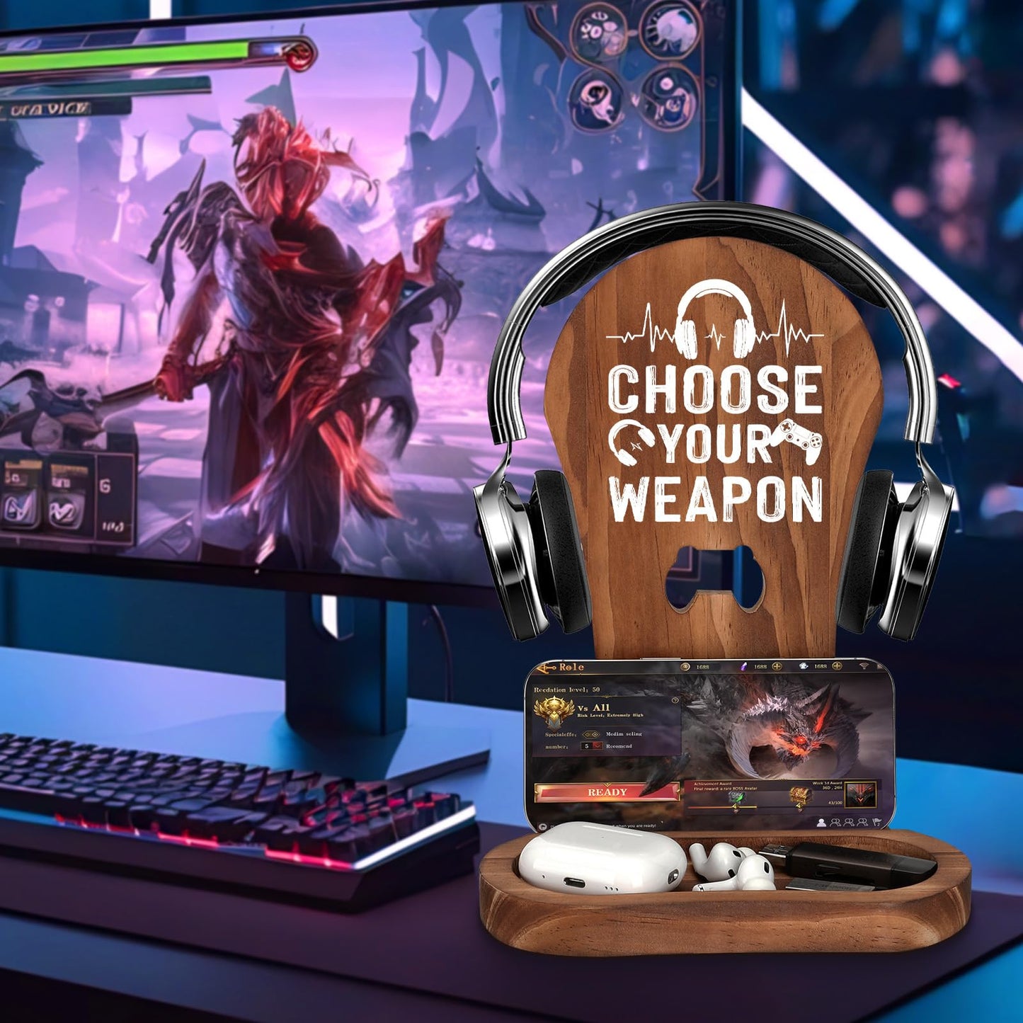 Gamer Gifts for Teenage Boys, Gaming Christmas Birthday Gifts for Men Son Boyfriend Husband Game Lover, Gamer Room Decor for Man, Wood Headset Stand for Gaming Desk Decor -Choose Your Weapon