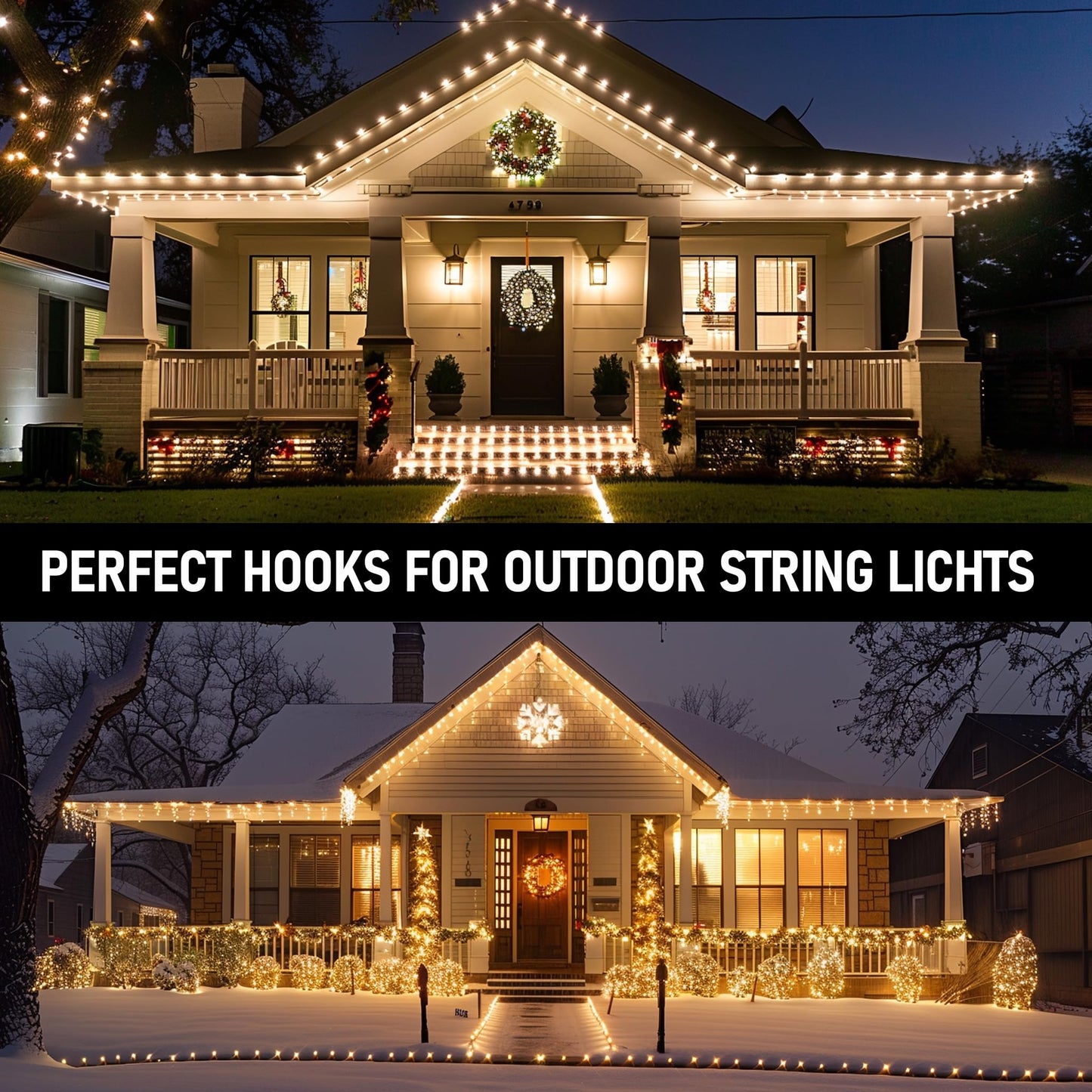 TW SHINE Hooks for Outdoor String Lights Clips, 60 Pack Heavy Duty Clips Clear Light Hook with Waterproof Adhesive Strips, Outside UV-Resistant Cord Hooks for Hanging Christmas Light Cable Organizer