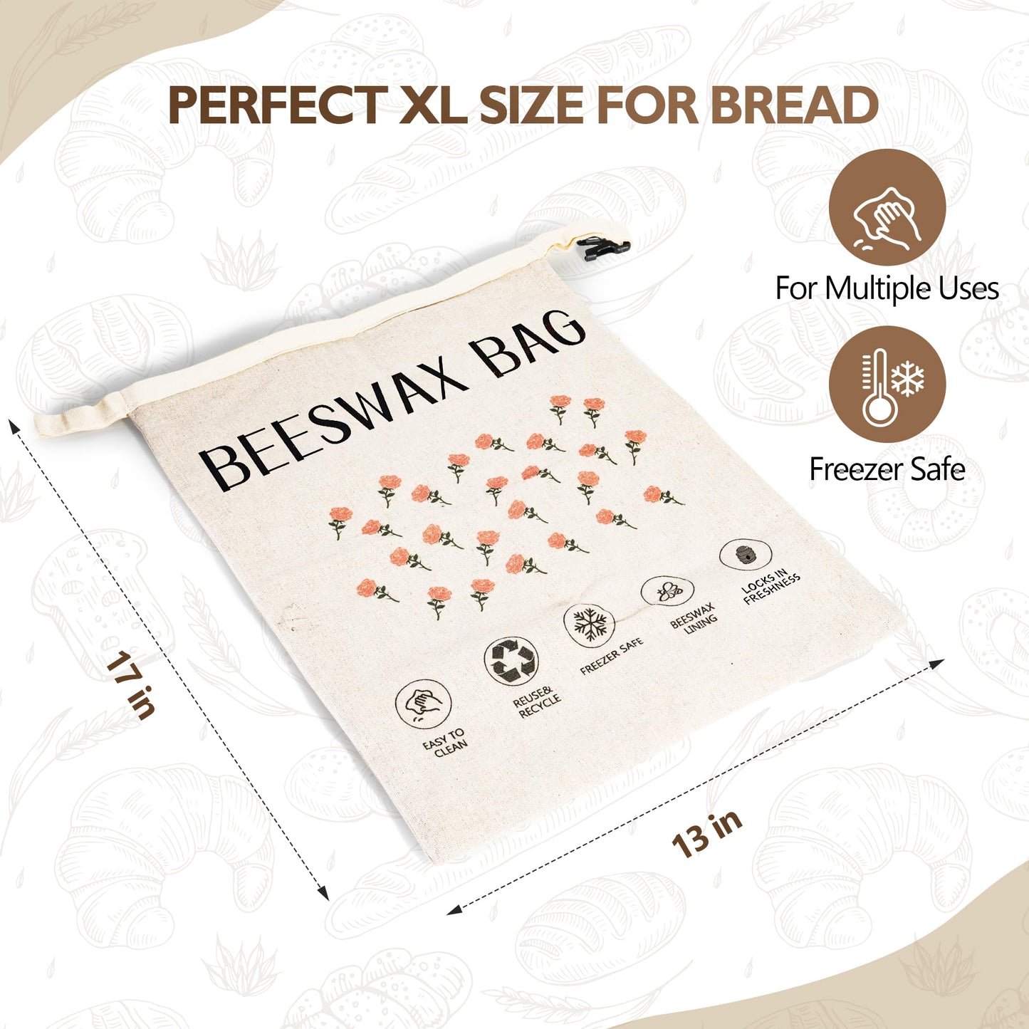 2 Pack Beeswax Bread Bag,17"×13"Reusable Organic Bread Bags for Homemade Bread Sourdough,Linen Outer Lining and Pure Cotton Beewax Inner Lining Moisture-proof &Fresh-Preserving With Buckle&Bowl Covers