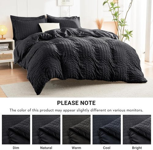 HYMOKEGE King Size Comforter Set - Luxurious 7-Piece Seersucker Bedding in Black for All Seasons