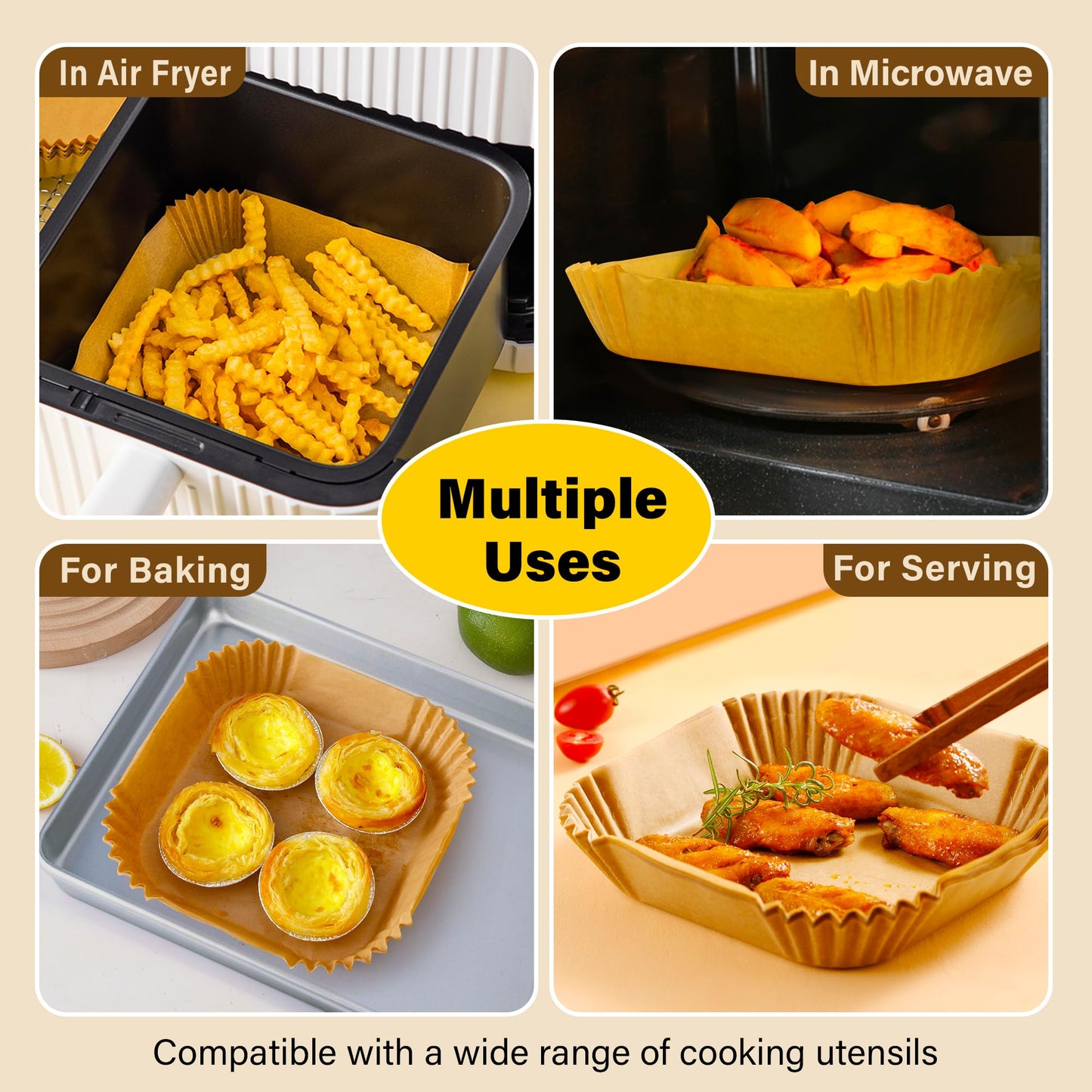 Air Fryer Liners Disposable, 125Pcs Parchment Paper, 8 Inch Non-stick Air Fryer Paper Liners, Unbleached Square Airfryer Liners for 5-8QT Air Fryer, Baking, Roasting Microwave
