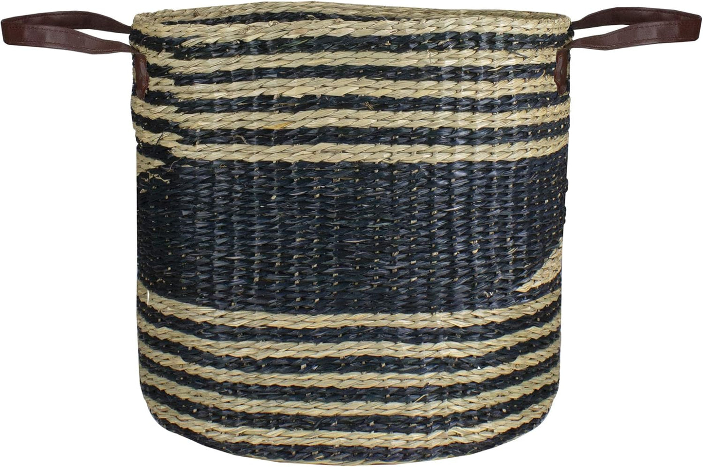 Skiennix 15" Beige and Black Woven Seagrass Basket - Stylish Storage Solution with Handles