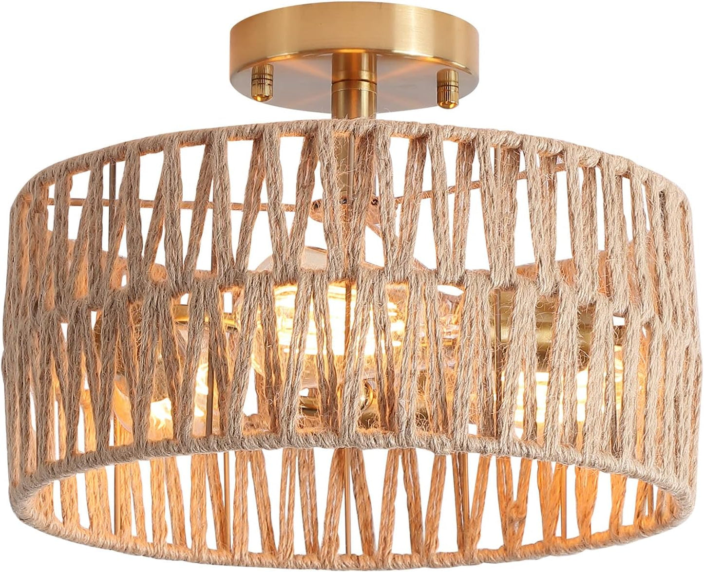 3-Light Antique Gold Woven Flush Mount Light Fixture Rustic Coastal Hemp Rope Brass Semi Flush Mount Ceiling Light for Hallway Bedroom Kitchen Entryway Farmhouse Living Room