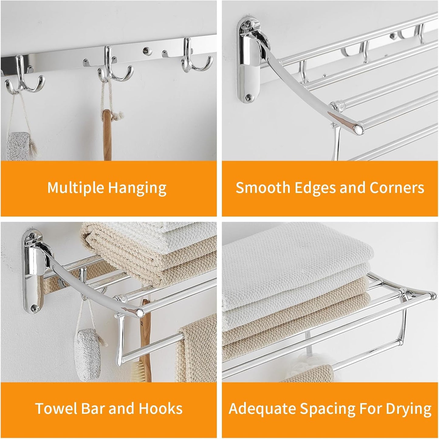 BESy 24 Inch Brushed Nickel Towel Racks, Bathroom Towel Shelf with Foldable Towel Bar Holder and Towel Hooks, Wall Mounted Multifunctional Bathroom Accessories, Double Towel Bars