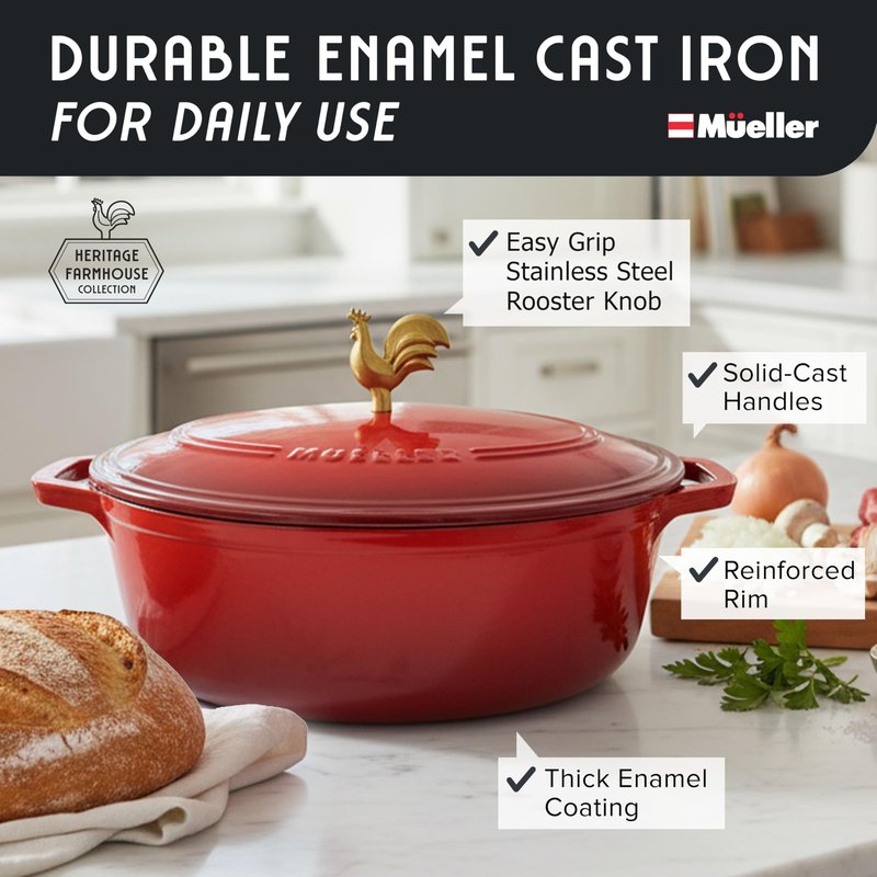 MUELLER HOME 5.5 Quart Enameled Cast Iron Oval Dutch Oven w Rooster Knob & Cotton Potholders, Heavy-Duty Cookware, Oven-Safe up to 500° F & Across All Cooktops, Gifts for Grandma & Women, Red