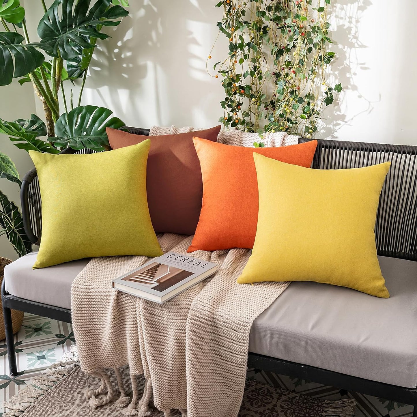 MIULEE Decorative Outdoor Throw Pillow Covers - Waterproof Faux Linen Cushion Cases | 12x12 Inch Orange (Pack of 2)