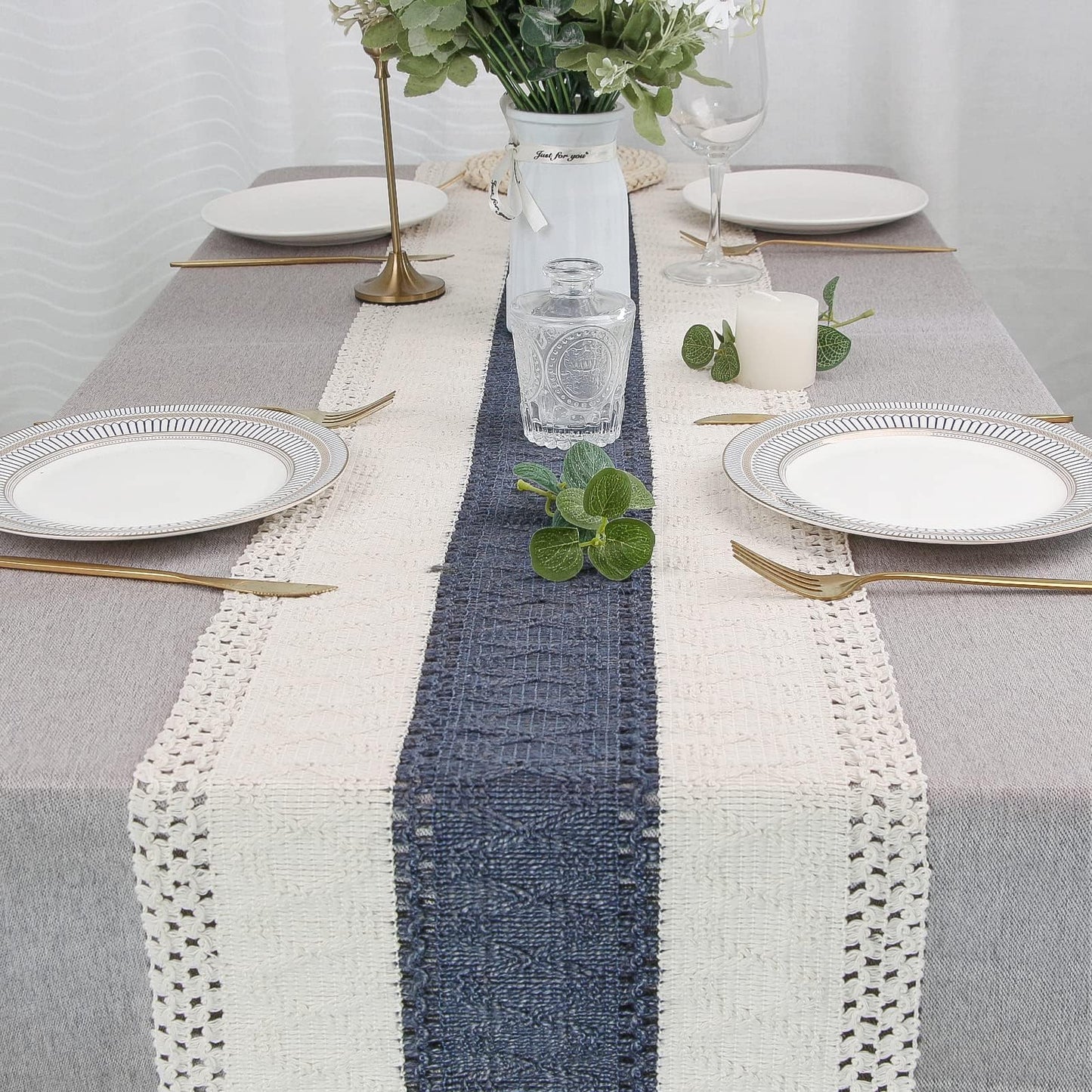FEXIA Boho Table Runner 90 Inches Long with Tassels Farmhouse Rustic Cream & Blue Macrame for Dining Bedroom Baby Bridal Shower Decor(12x90 Inches)