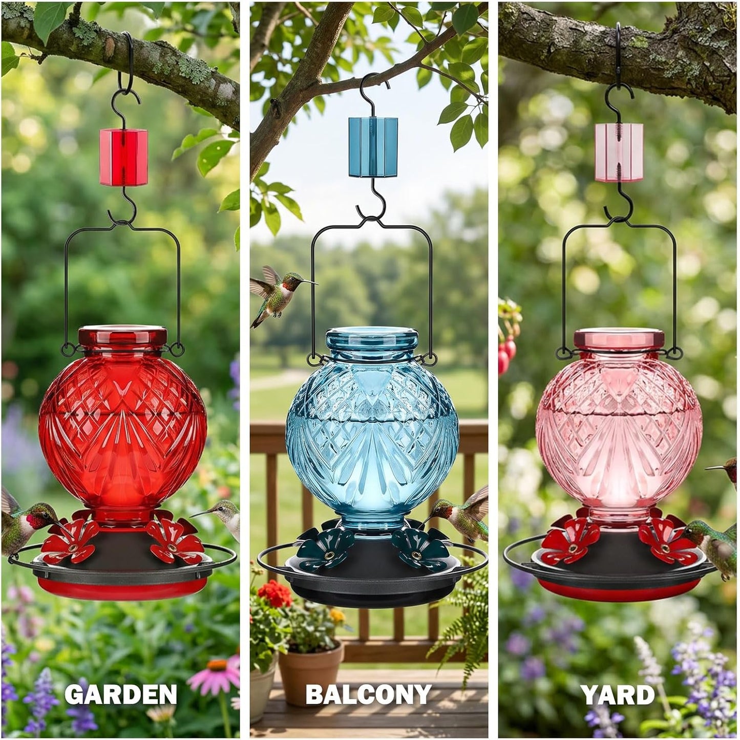 Skiennix Glass Hummingbird Feeder - 20oz Outdoor Nectar Feeder with Bee Guard Ports & Ant Moat | Pink