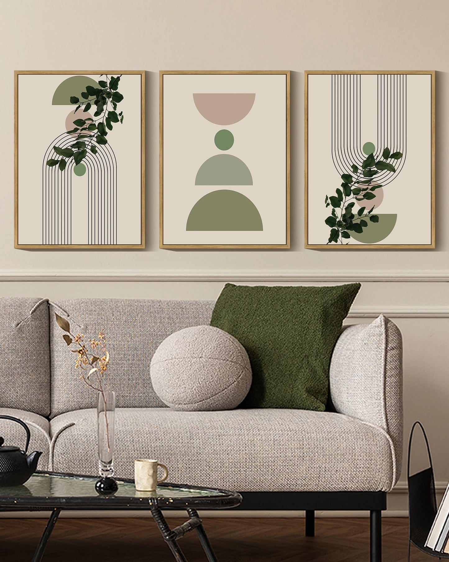 Drsoum 11x14in Green Botanical Boho Wall Decor Framed Modern Sage Bohemian Wall Art Abstract Geometry Canvas Prints Ready to Hang Brown Framed