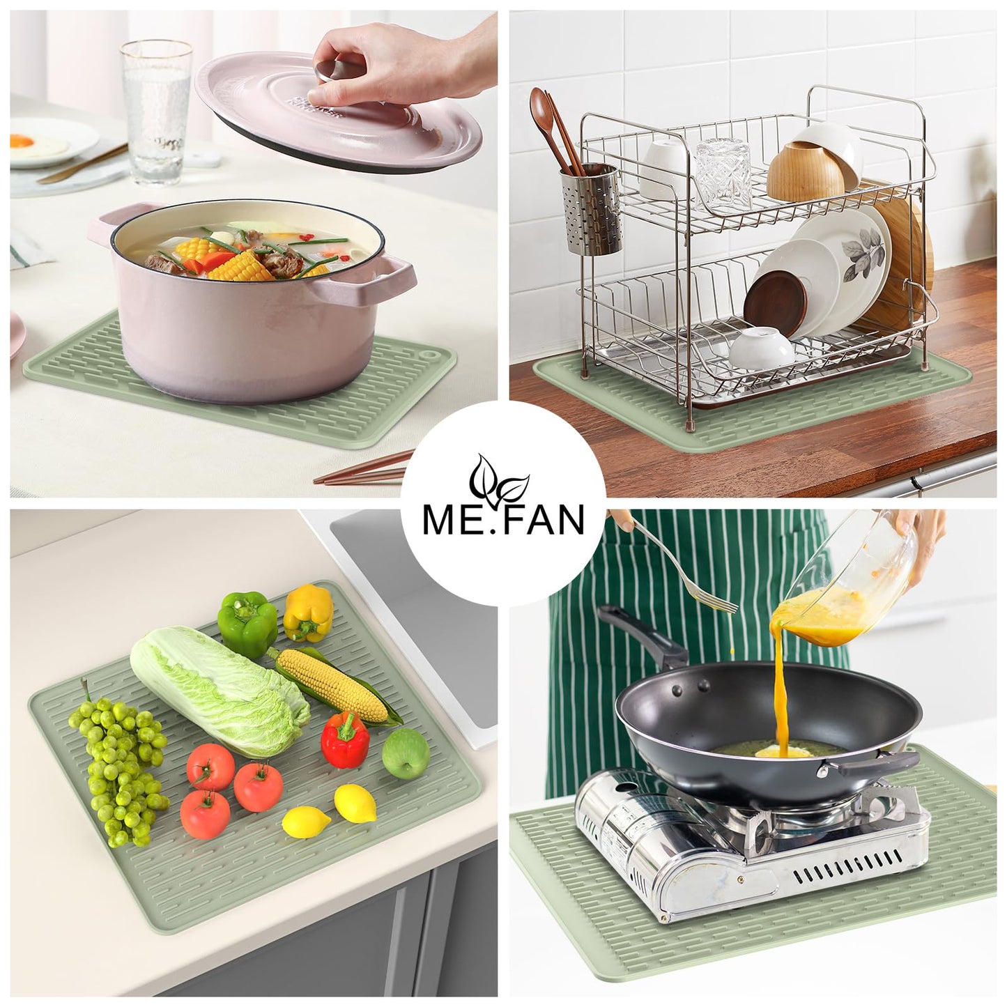 ME.FAN Silicone Dish Drying Mat for Kitchen Counter, Dish Drying Pad for Sink, Refrigerator or Drawer, Countertop Protection Pad M - 16''×12'' - Desert Sage