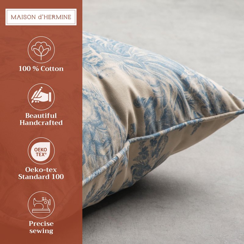 Maison d' Hermine Decorative Pillow Covers 18 x 18 inch Square 100% Cotton Toile Throw Pillow Covers with Invisible Zipper for Living Room Couch Chair Sofas Gifts for Mothers Day - The Miller - Blue