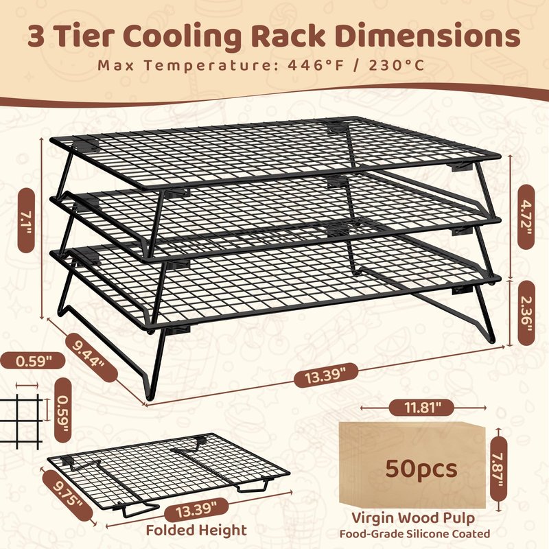 Vehookin 3 Tier Stackable Cooling Rack for Cooking and Baking, Wire Rack for Baking Sheet w/50 Parchment Papers, 13.4" x 9" Cookie Cooling Rack for Pizza, Bread, Cake,Veggie,Jerky, Drying Baking Rack