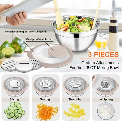 E-far Mixing Bowls Set of 5, Stainless Steel Salad Mixing Bowl with Transparent Lid, Metal Nesting Bowl Attach with 3 Graters for Kitchen Prepping/Serving/Baking/Storage, 4.6/2.6/1.5/1/0.7 QT - Khaki