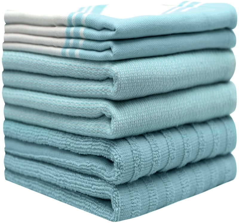 Premium Kitchen Towels (20”x 28”, 6 Pack) | Large Cotton Dish Towels | Flat & Terry Highly Absorbent Kitchen Linen Set with Hanging Loop | Wide Stripe Aqua