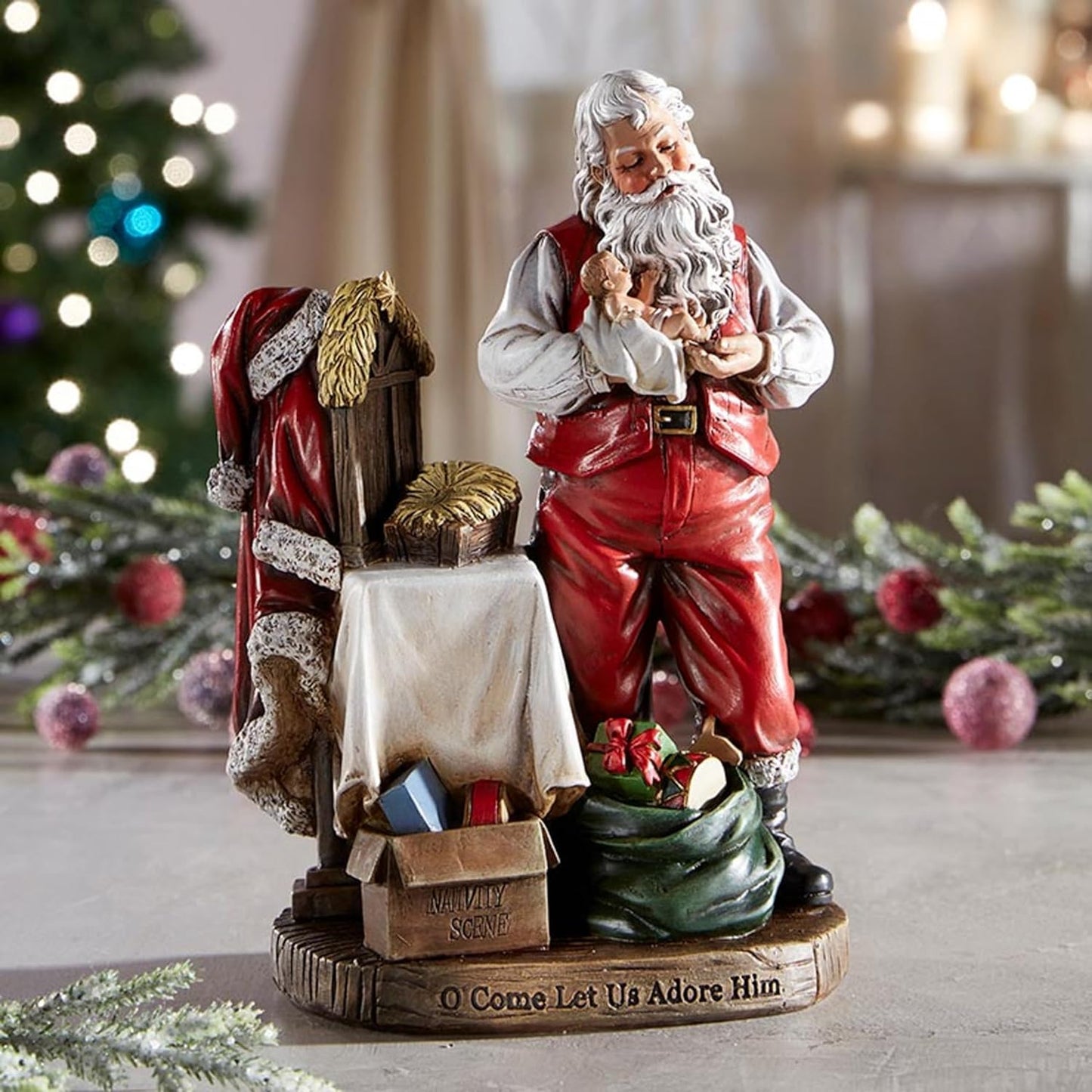 Religious Gifts Adoring Santa Claus with Infant Jesus Christ Rein Christmas Statue, 8 Inch