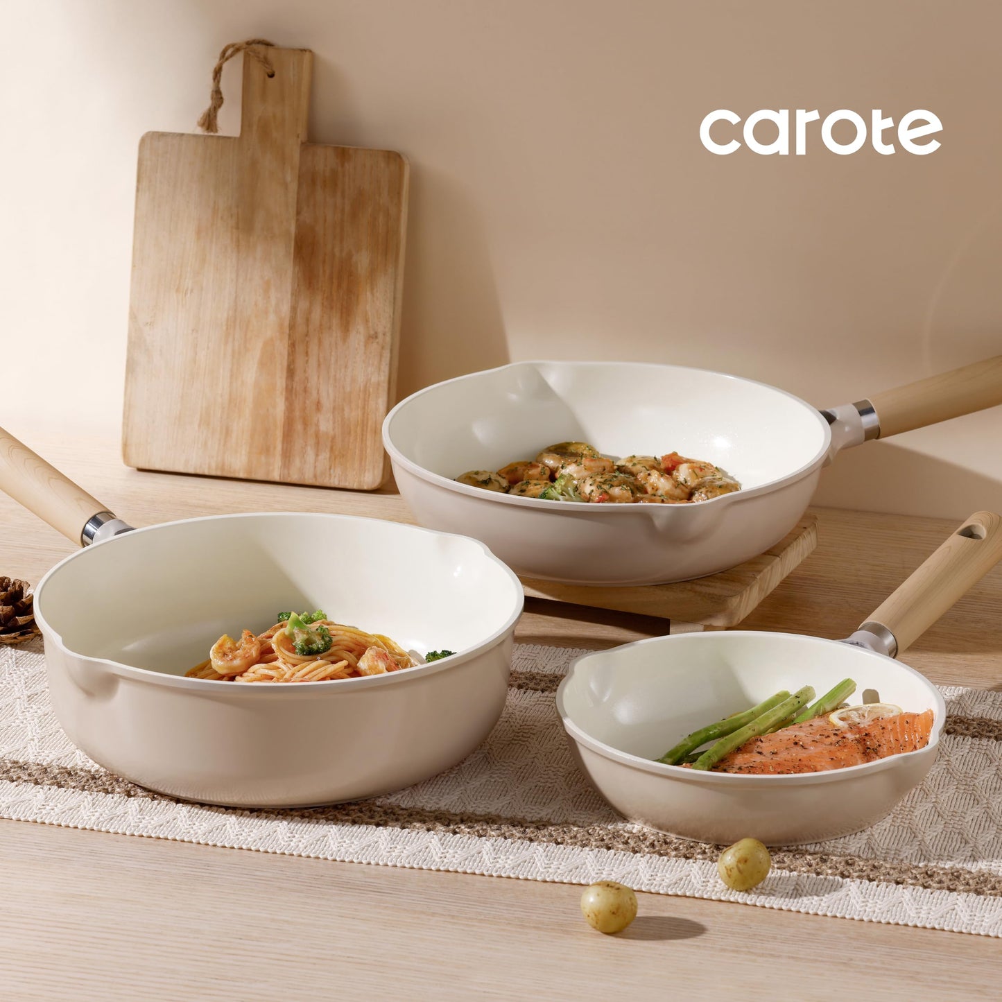 CAROTE 8" Ceramic Frying Pan with Lid, Non Stick Frying Pan Skillet Chef's Pan, Healthy & PFOA/PFAS Free, Induction-Compatible, Taupe
