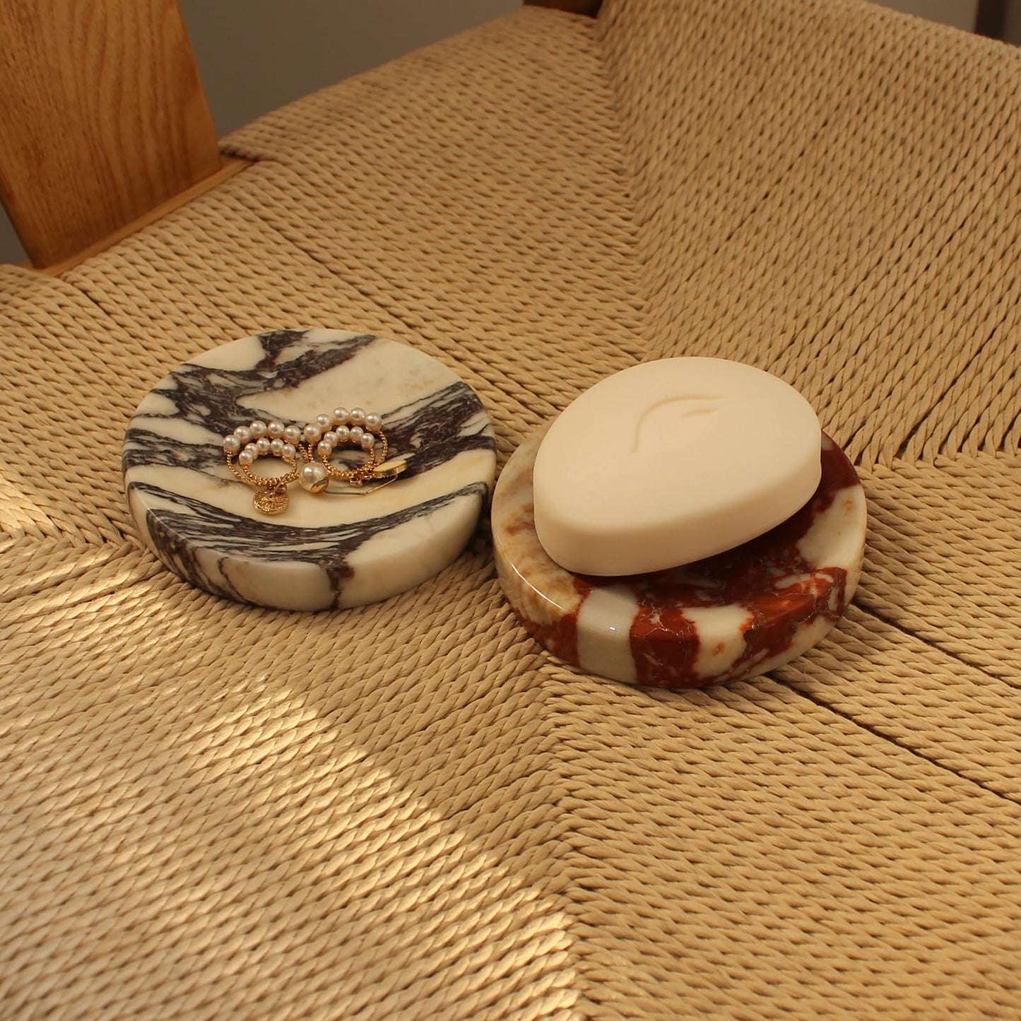 Natural Calacatta Red Marble Soap Dish, Round Small Jewelry Dish, Sponge Holder for Bathroom, Kitchen