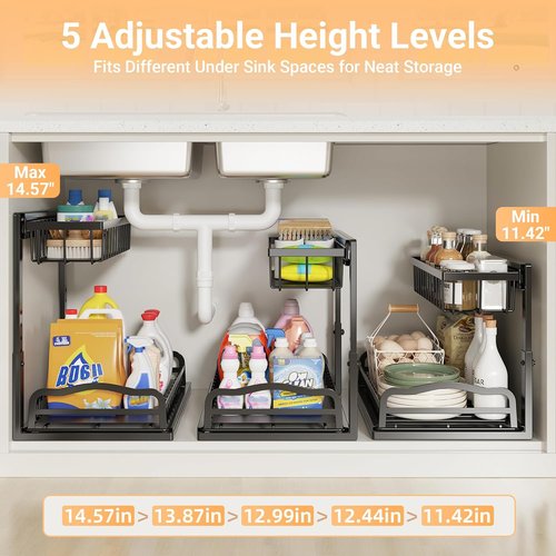 AceMining Under Sink Organizer - 2 Pack L-Shaped 2 Tier Cabinet Storage with Sliding Drawer | Adjustable Metal Design