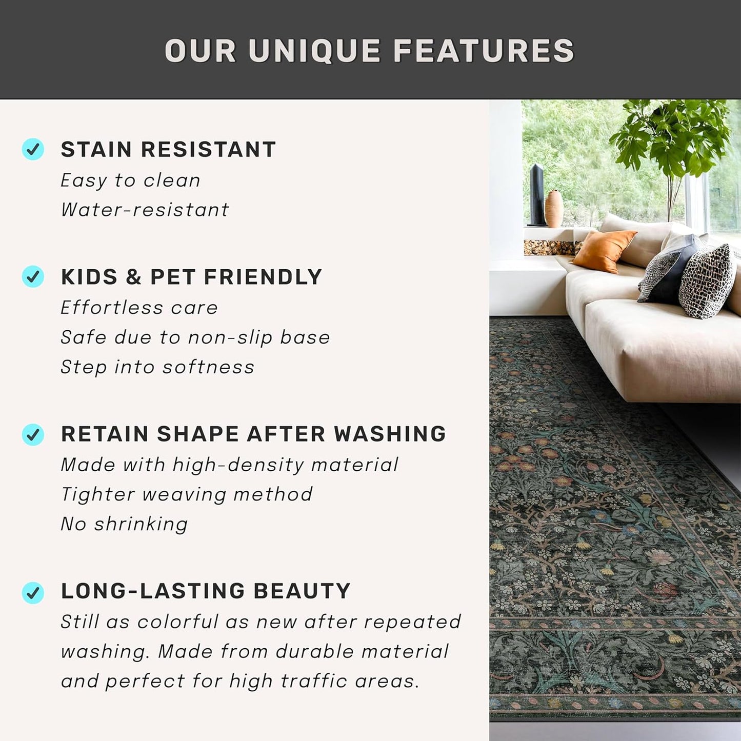 Skiennix 8ft Non-Slip Hallway Runner - Washable Rubber Backing, Stain Resistant | Vintage Floral Dark Green & Black