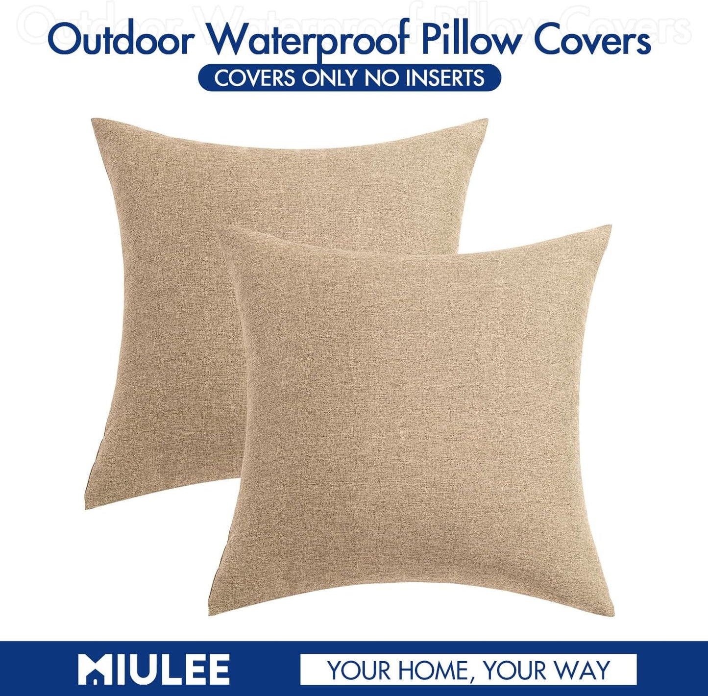 MIULEE Decorative Outdoor Throw Pillow Covers - Waterproof Faux Linen Cushion Cases | 18x18 Inch Light Tan (Pack of 2)