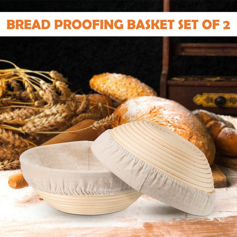 E-far Bread Proofing Basket Set of 2, 9 Inch Round Dough Bowls for Rising, Sourdough Bread Baking Supplies with Liners for Home and Professional Baking