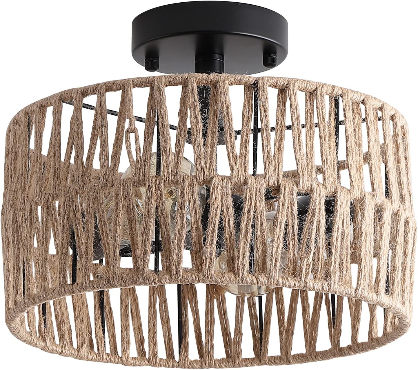 3-Light Antique Gold Woven Flush Mount Light Fixture Rustic Coastal Hemp Rope Brass Semi Flush Mount Ceiling Light for Hallway Bedroom Kitchen Entryway Farmhouse Living Room